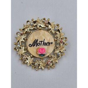 Vintage Gold Tone Mother Brooch Pin Wreath Design Floral Rhinestones Gift
